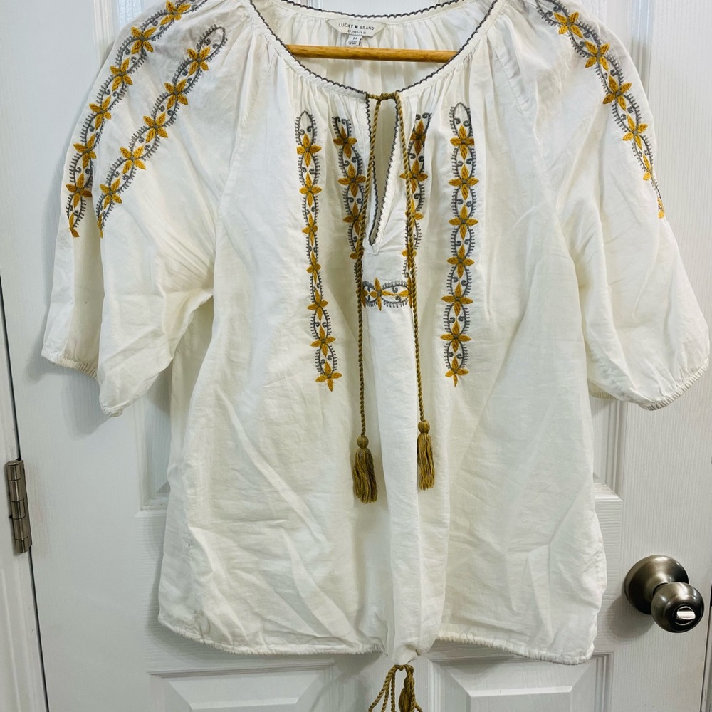 Lucky Brand White Peasant Tunic with Mustard Embroidery